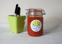 Load image into Gallery viewer, Date labels of food. Date opened stickers. Write on date labels. Two inch date stickers. Pantry stickers, canning date labels, food container labels. Cute food label with cartoon lemon.