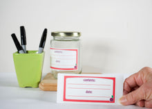 Load image into Gallery viewer, Food labels, pantry labels, decorative labels with red outline, lined and with purple writing. Content and date food storage labels with decorative beet.