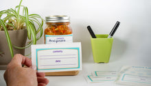 Load image into Gallery viewer, blue labels, self adhesive labels, canning labels, pantry labels, content labels, storage labels, write-on labels, lined labels, vinyl labels.
