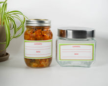 Load image into Gallery viewer, Food Label, pantry label, food date label, content label, jam label, jar label, label with green outline, lined label, writeable label, decorative label, canning label, kitchen label, storage label, water resistant label.