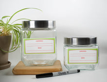 Load image into Gallery viewer, Pantry labels, Labels with green outline, lined labels, write on labels, kitchen organization, food and content labels, date labels, left-over labels, jar labels, container labels, canning labels, food storage labels, jam labels.