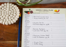 Load image into Gallery viewer, Meal plan notepad. Weekly meal planning. Weekly calendar pad. Meal plan deskpad. Meal prep food planner. 50 tear-away sheet. Weekly dinner planner. Family meals. Keto meal plans. Diabetic meal plan. Colourful family meal planner.