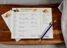 Load image into Gallery viewer, Weekly meal plan. Grocery list. Meal prep template. Dinner food planner deskpad. Weekly calendar pad. Meal plan notepad. Recipe planner. Grocery list template. Shopping list. Family Meal Plans