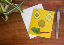 Load image into Gallery viewer, Happy face greeting card. Blank colourful avocado note card.
