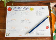 Load image into Gallery viewer, weekly to-do notepad with detachable notes. Colourful desk pad with fruit and veggies.