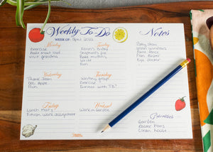 weekly to-do notepad with detachable notes. Colourful desk pad with fruit and veggies.