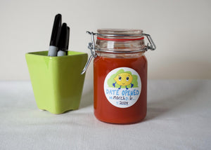 Date labels of food. Date opened stickers. Write on date labels. Two inch date stickers. Pantry stickers, canning date labels, food container labels. Cute food label with cartoon lemon.