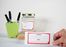 Load image into Gallery viewer, Food labels, pantry labels, decorative labels with red outline, lined and with purple writing. Content and date food storage labels with decorative beet.
