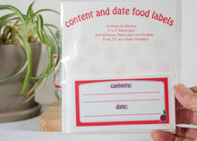 Load image into Gallery viewer, Package of pantry labels, sold in a set of 24, the 2 x 4-inch labels have a red outline and purple writing with a little beet design, decorative canning labels for content and date.
