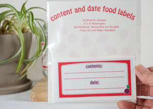 Package of pantry labels, sold in a set of 24, the 2 x 4-inch labels have a red outline and purple writing with a little beet design, decorative canning labels for content and date.