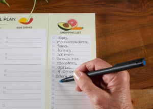 Weekly meal planner notepad with a detachable shopping list. Meal Planner pad is for family dinner meals. Meal planning desk pad includes food categories and side dishes. Easy meal plan template.