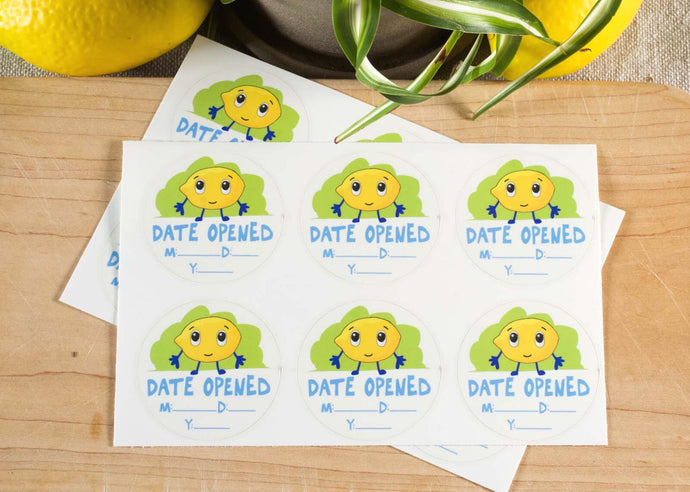 Datel food labels come in a set of six. Lemon storage labels. Date openened stickers. Food expiraton labels. Best before 2 inch labels. Write on date stickers.